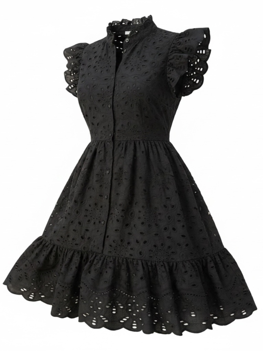 H&M Black Eyelet Ruffle-Sleeve Mini Dress